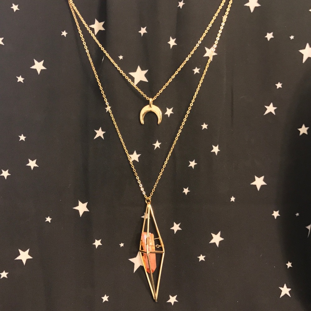 Moon and Geometric/Natural Stone Necklace